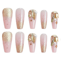 Long Coffin Wearable Ballerina Fake Nails Luxury Gold Tower Diamond Nude Gold Glitter Full Cover Nail Tips  Press On Nails