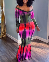 Sexy Boho Dress Off Shoulder Abstract Print Mermaid Dress Long Sleeve Casual Maxi Bodycon Dress