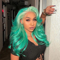 13x4 Mint Green Highlighted Lace Frontal Wig 180 Density Colored Body Wave Lace Front Wig Transparent Lace Wigs - Divine Diva Beauty