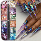 12 Grids Opal Dream Crystal Sequins Nail Flake Galaxy Iridescent Aurora 3D Paillette for Winter Autumn Manicure Decoration