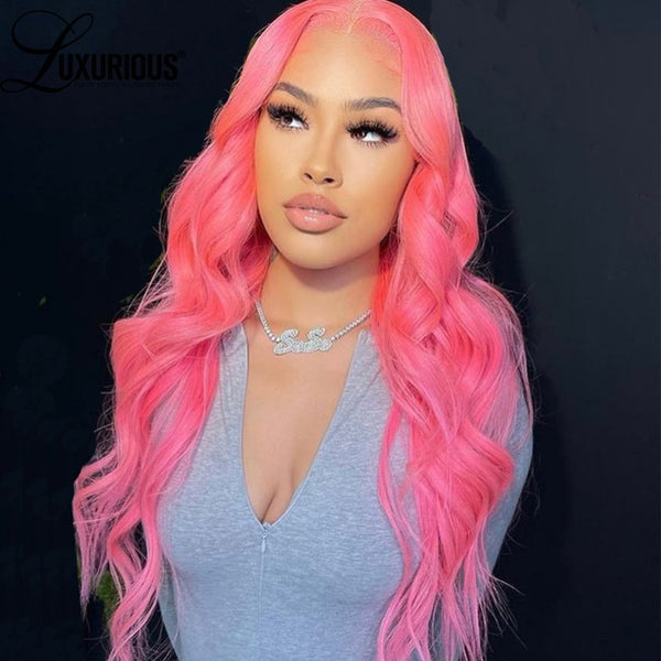 Pink Colored Human Hair Wigs 180 Density Body Wave Lace Front Wig Brazilian Remy Hair HD Transparent Lace Frontal Wig - Divine Diva Beauty