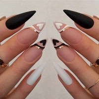 Stiletto False Nails Full Cover Nail Tips Almond Fake Nails With Heart Gold Line Pearl Design Press On Nails Full Cover Nail Tip