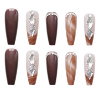 24Pcs Brown Marble Smudge Long Coffin Ballet With Glue Rhinestone Decoration Design French Wearable Press On Acrylic Nail Tips