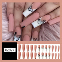 24pcs Long Ballet False Nail Full Cover Fake Nail Grey White Marble Design Nails Tip French Coffin Nails Press On Nails