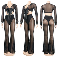 Sexy Black See Through 2 Piece Sets Crop Top Flare Pants - Divine Diva Beauty