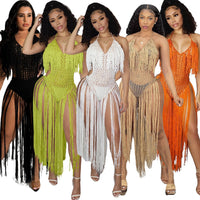 Knit Rib Tassel Bodysuit Rompers Sexy Fishnet Halter Lace Up V Neck - Divine Diva Beauty