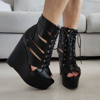 Platform Wedges Open Toe Faux Leather Lace Up Outs Hollow Female Ladies Shoes 11+