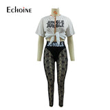 Women Letter Print Short Sleeve Sexy + Lace See Through Patchwork set
