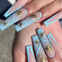 Press On Nails Long Coffin With Butterfly Flower Design False Nails Wearable French Ballerina Nails Full Cover Nail Tips