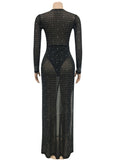 Beautiful See-Through Crystal Maxi Dress Beach Cover-Up Dress High Slit Sequins Bodysuit