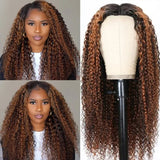 Highlight Curly Wig V Part Curly Human Hair Wigs Brazilian Virgin Hair Wig Glueless No Leave Out No Sew In 180%