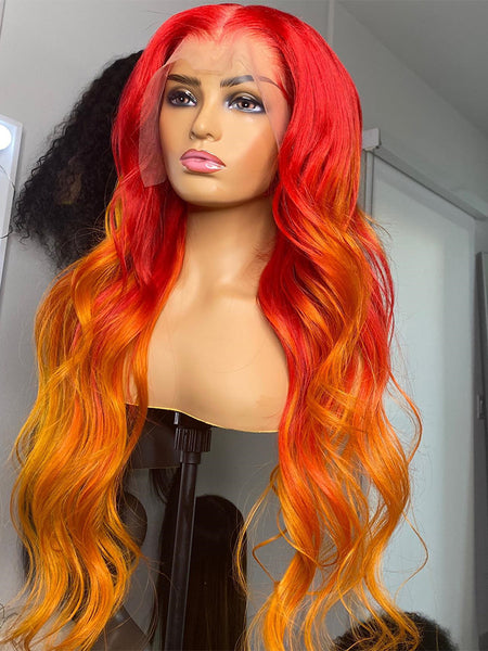 Ombre Red Colored 13x4 Lace Front Human Hair Body Wave Wigs 99J Ginger HD 360 Lace Frontal Human Hair Wig Full Glueless Blonde