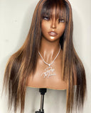Ombre Human Hair Wigs Highlight Straight Wig With Bangs Glueless Machine Made Wigs 100% Peruvian Human Remy Hair