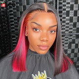 Highlights Pink Red Colored 13x6 Lace Frontal Human Hair Bob Wigs 5x5 Lace Closure Wig Short Bob Wigs