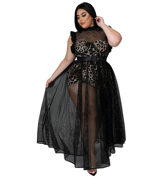 Plus Size avail Ruffle Sleeve Dress Maxi Sexy See Through