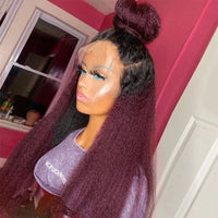 Glueless Ombre Burgundy Color Kinky Straight 99j Lace Front Wig Fiber Hair Wigs 180% Density Pre Plucked With BabyHair