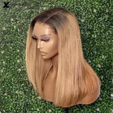 1b/27 Honey Blonde Highlight Ombre Wig Human Hair Peruvian Straight Short Wigs 4x4 Silk Top Frontal Human Hair Wigs - Divine Diva Beauty