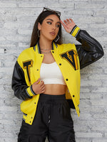 PU Jacket Baseball Women Leather Patchwork Letter Print Long Sleeve Streetwear Classic Coat outerwear