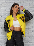 PU Jacket Baseball Women Leather Patchwork Letter Print Long Sleeve Streetwear Classic Coat outerwear