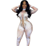 Tight Fitting Long Sleeved Printed Mesh Jumpsuit bodysuit plus size avail