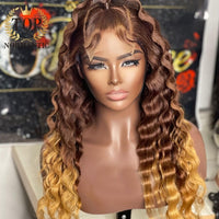 Ombre Color Remy Brazilian Human Hair Wigs  13x6 Lace Front Deep Wave Wig Preplucked Hairline