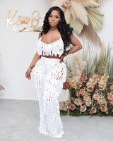 Knit Rib Tassel 2 Piece Set Summer Beach Wear Sexy Fishnet Halter Lace Up Crop Top + Pants See Through swimwear