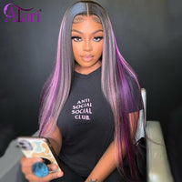 Highlight Purple with Pink Straight Human Hair Wigs Transparent Brazilian 13x4 Lace Frontal wig 5x5 lace Closure Wig Pre Plucked