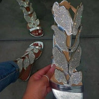 Low-heeled Light weight Hollow Sandals Butterfly Rhinestone Sandals flat shoes