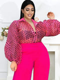 Plus Size avail Tops Rose Turn Down Collar Long Puff Sleeve See Through Organza Polka Dot Blouse shirt