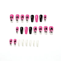 24Pcs Rose Red Black Contrast Color False Nails Coconut Tree Pearl White French Fake Nails Ballerina Coffin Manicure