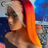 Short Pixie bob Cut Red Yellow Ombre Colored Transparent Synthetic 13X4 Lace Front Wigs  Preplucked