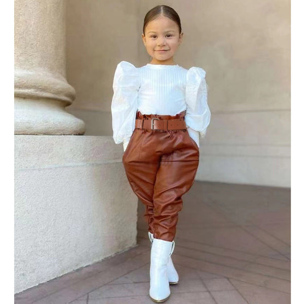 Elegant Fashion Kids Girls Clothes Puff Sleeve Ribbed Blouse  Tops PU Leather Long Pnts With Blt 2PC Girls bby