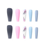 24pcs Long Coffin False Nails Wearable French Ballerina Matte Stripe Flower Design Fake Nails Full Cover Nail Tips Press On Nail