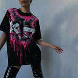 O Neck Print T Shirts Women Loose Fashion Casual Short Sleeve Graphic Black Top Tee Trendy Oversized