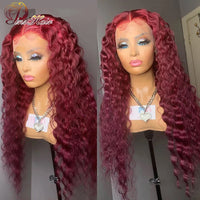 Hot Red Lace Frontal Wig Curly Human Hair Wigs 99J Deep Wave 13x4 Transparent Lace Wig T PART Lace Front Human Hair Pre plucked - Divine Diva Beauty