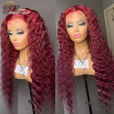 Hot Red Lace Frontal Wig Curly Human Hair Wigs 99J Deep Wave 13x4 Transparent Lace Wig T PART Lace Front Human Hair Pre plucked - Divine Diva Beauty