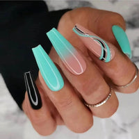 24Pcs/Box Black And Green Line False Nails French Ballerina Coffin Detachable Fake Nails Press On Nail Tips With Press Glue