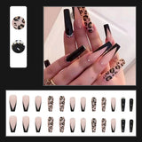 24Pcs Wearable False Nails Black Leopard Print Design Ballerina Fake Nails Long Coffin Press on Nails Full Cover Nail Tips