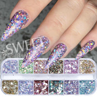 12 Grids Opal Dream Crystal Sequins Nail Flake Galaxy Iridescent Aurora 3D Paillette for Winter Autumn Manicure Decoration