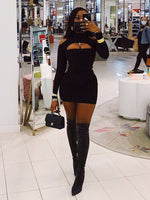 Turtleneck  Bodycon Dress Elegant Solid Black Dresses Dress Hollow Out Long Sleeve