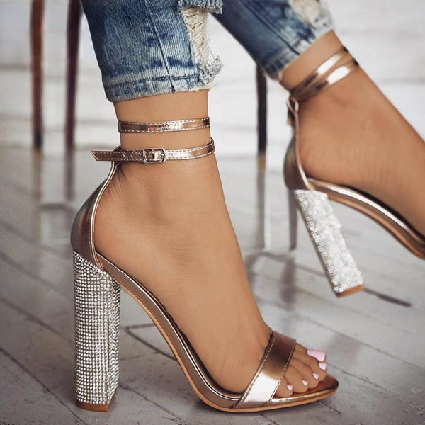 Gold Rhinestone Ankle Strap High Heels Sandals Shoes