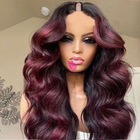 V U Part Wig Human Hair Highlights  Burgundy Wine 99J Red Glueless Wigs Body Wave 100% Human Hair U Shape 30inches Full Machine