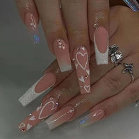 24pcs Super Long Ballerina False Nails Detachable with Pink clouds design nail Wearable Coffin Fake Nails Full Cover Nail Tips