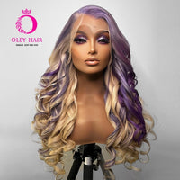 Ombre Honey Blonde Colored Body Wave 30 Inch Purple 13x4 Synthetic Lace Front Glueless With Baby Hair