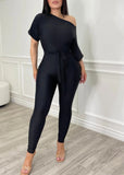 Off The Shoulder Short Sleeved Solid Color Long Jumpsuit bodysuit