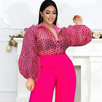 Plus Size avail Tops Rose Turn Down Collar Long Puff Sleeve See Through Organza Polka Dot Blouse shirt