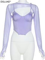 Purple Long Sleeve Crop Top Spaghetti Strap Corset Top Shirt - Divine Diva Beauty