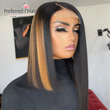 Short Straight Bob Prepluck With Baby Hair 4X4 Lace Closure Human Hair Wig Ombre Honey Blonde Highlight Ombre Color - Divine Diva Beauty