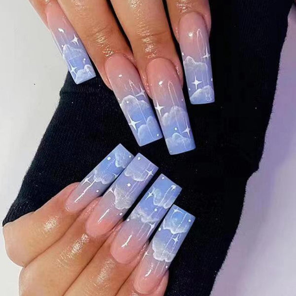 24pcsLong Coffin False Nails French Ballerina Fake Nails With Blue White Cloud Pattern Design Full Cover Nail Tips Press On Nail