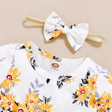 Baby Girl Dress Cotton Floral Short Sleeve Gauze Skirt and Bowknot Headband 2Pcs Outfit bby